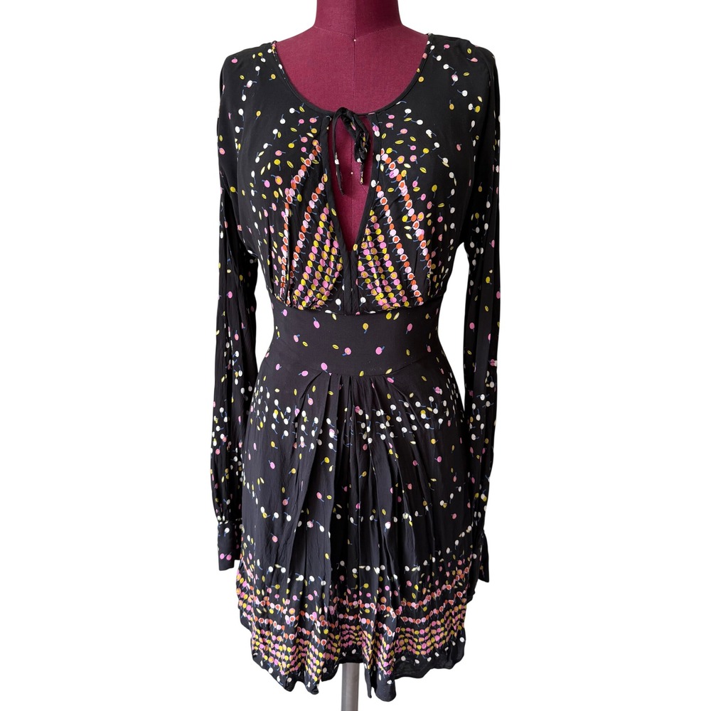 Free People Mini Dress Coryn Long Sleeve Boho Black Combo Size 6 - Picture 3 of 12